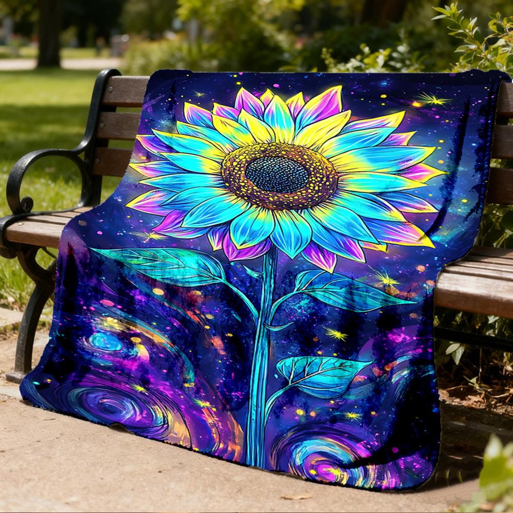 1pc Neon Sunflower Print Throw Blanket Polyester Fiber, Lightweight Flannel, Soft & Warm, All Season Use for Outdoor, Camping Digital Print