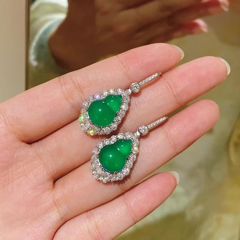 Huitan Green Gourd Imitation Opal Dangle Earrings for Women Sparkling Cubic Zirconia Silver Luxury Wedding Trendy Jewelry