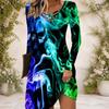 Damen Kreuz-V-Ausschnitt Langarm Blau Grün Rauchmuster Eng anliegend Geschwungener Saum Kleid