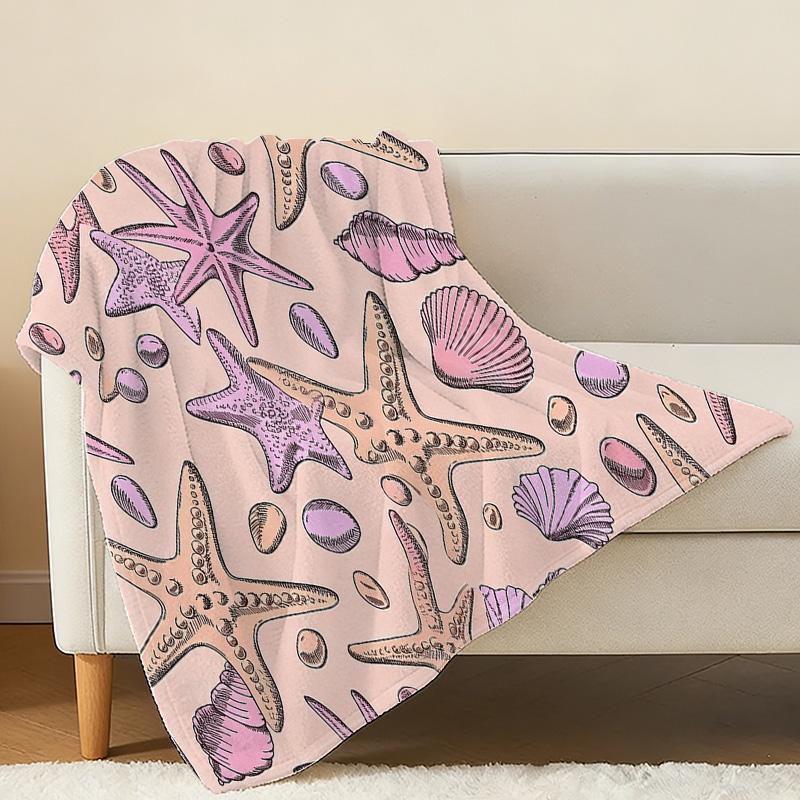 Flannel Fleece Throw Blanket Soft Cozy, Starfish Seashell Pattern, Machine Washable Warm Blanket for Home Office Napping, Christmas Halloween Decor