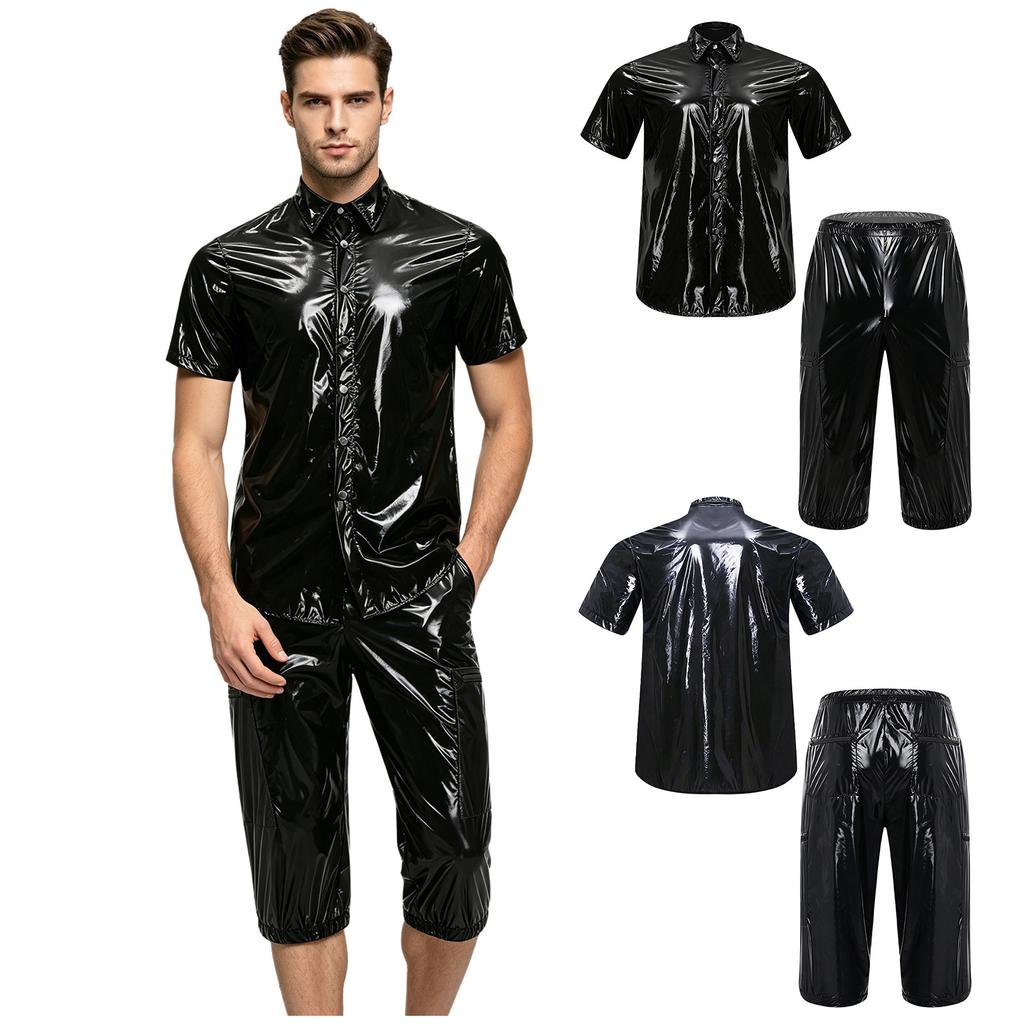Men Summer Waterproof Tracksuit Short Sleeve T-Shirt Button Front and Cargo Shorts Capri Pants for Beach Swim Rainy Club Night