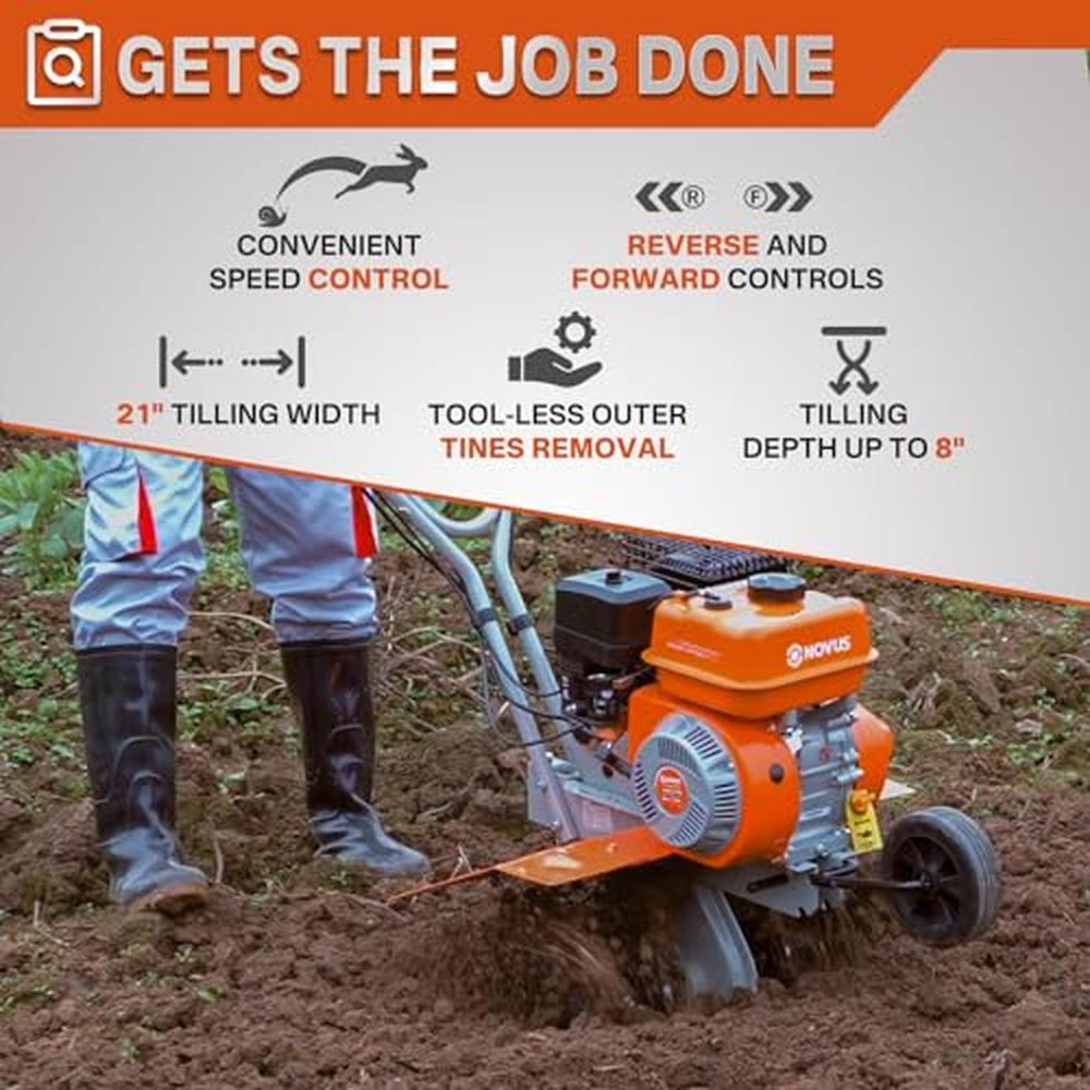 Gas Tiller Front Tine Cultivator 212cc 4-Cycle Gas Engine Adjustable Tilling Width 21-Inch Utterly Convenient Steel Tines Garden