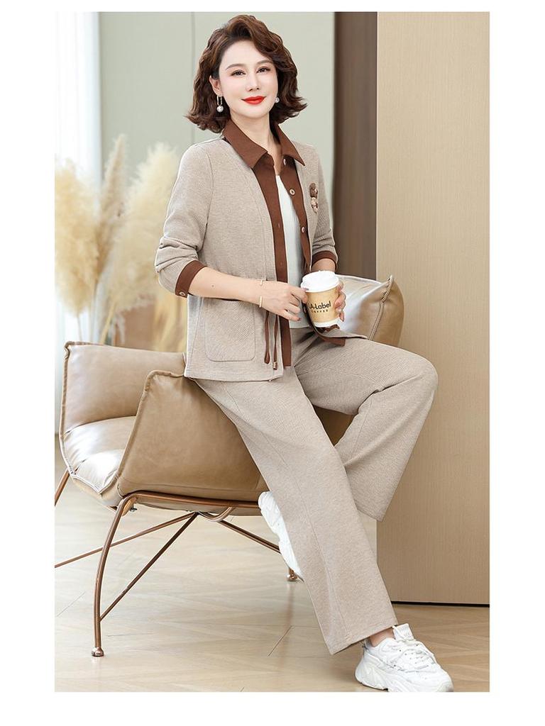 Hengyuanxiang Women's Two-Piece Spring & Autumn Fashion Set 2025 - Stylish Top for Middle-Aged and Elderly