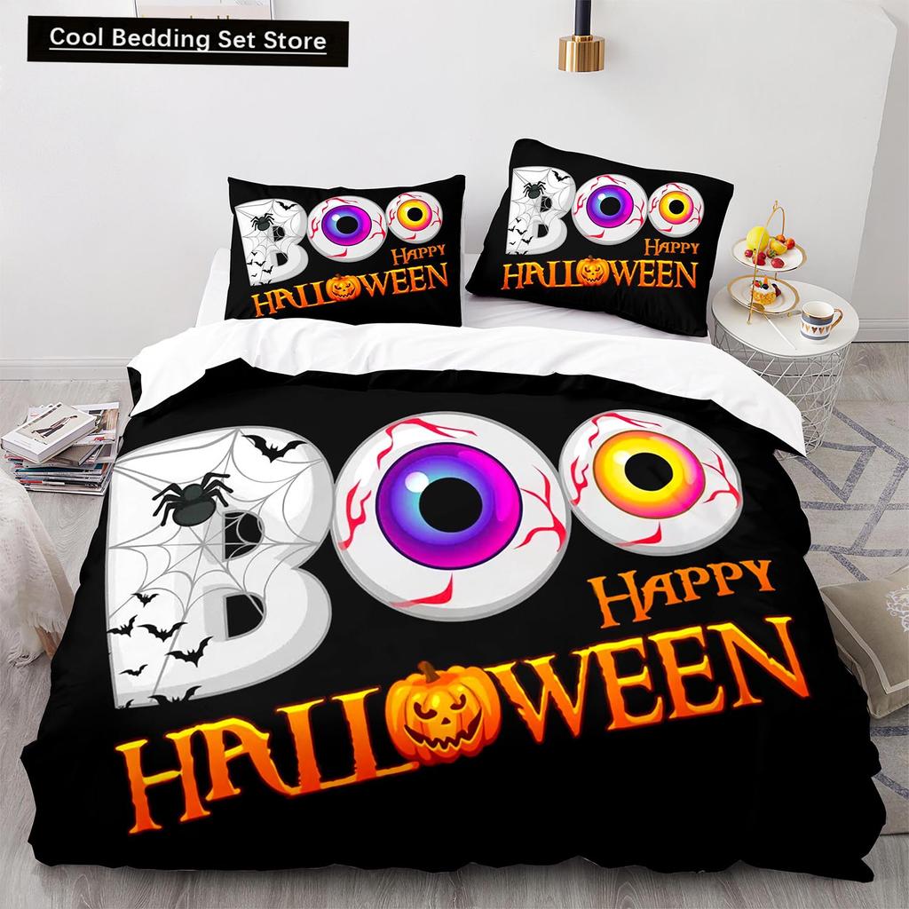 Halloween Boo King Queen Duvet Cover Cartoon Eyes Bedding Set for Kids Teens Adults Little Monster Ghost Polyester Quilt Cover