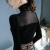 Sammetsnät Patchwork Svart T-shirt Långärmad bottentröja för kvinnor Ny höst Vinter Polokragetröjor Topp S-6XL