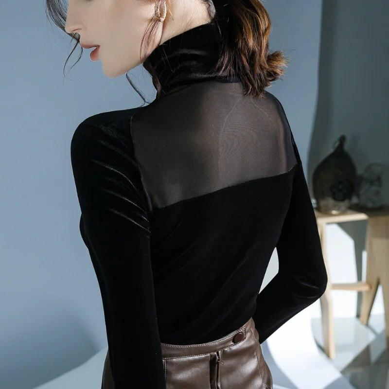 Sammetsnät Patchwork Svart T-shirt Långärmad bottentröja för kvinnor Ny höst Vinter Polokragetröjor Topp S-6XL