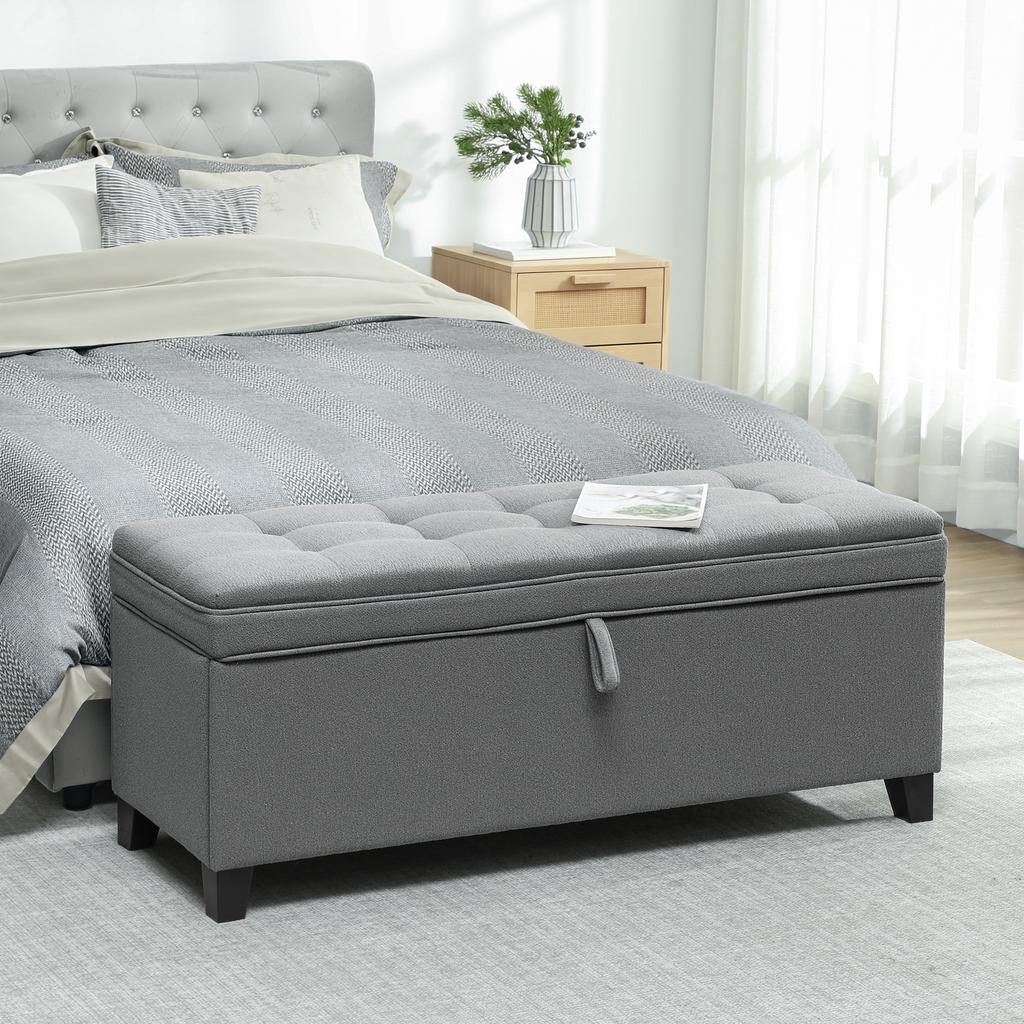 Storage Bench, Upholstered Bench 120x40x48 Cm with Safety Hinges, Linen Look, Dark Gray