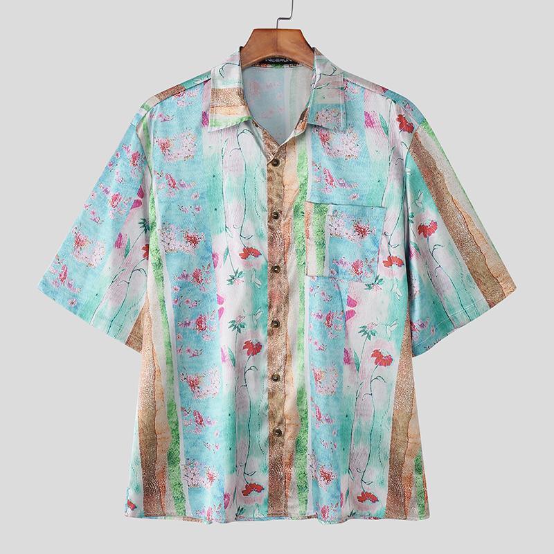 

INCERUN Men Lapel Neck Short Sleeve Floral Printing Casual Oversized Shirts 5XL