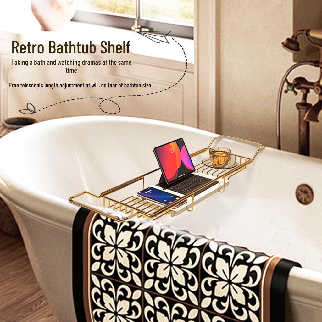 Stainless Steel Non-Slip Marble Bathtub Organizer Rack with Telescopic Shelf for Bathroom Use