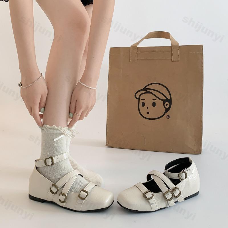 Woman's Mary Jane Shoes Fashion Square Toe Cross Buckle Strap Height Increase Flat Shoes Elegant Versatile Shallow Wedge Heels