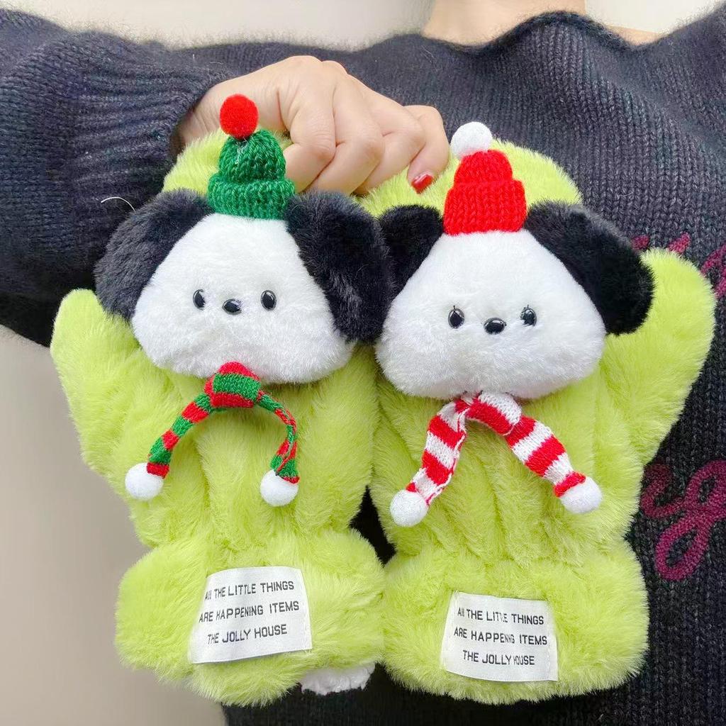 Cartoon Christmas Puppy Plush Women's Winter Mittens - Warm, Thick, Fluffy, Full-Cover Gloves with Neck Strap for Cold Protection