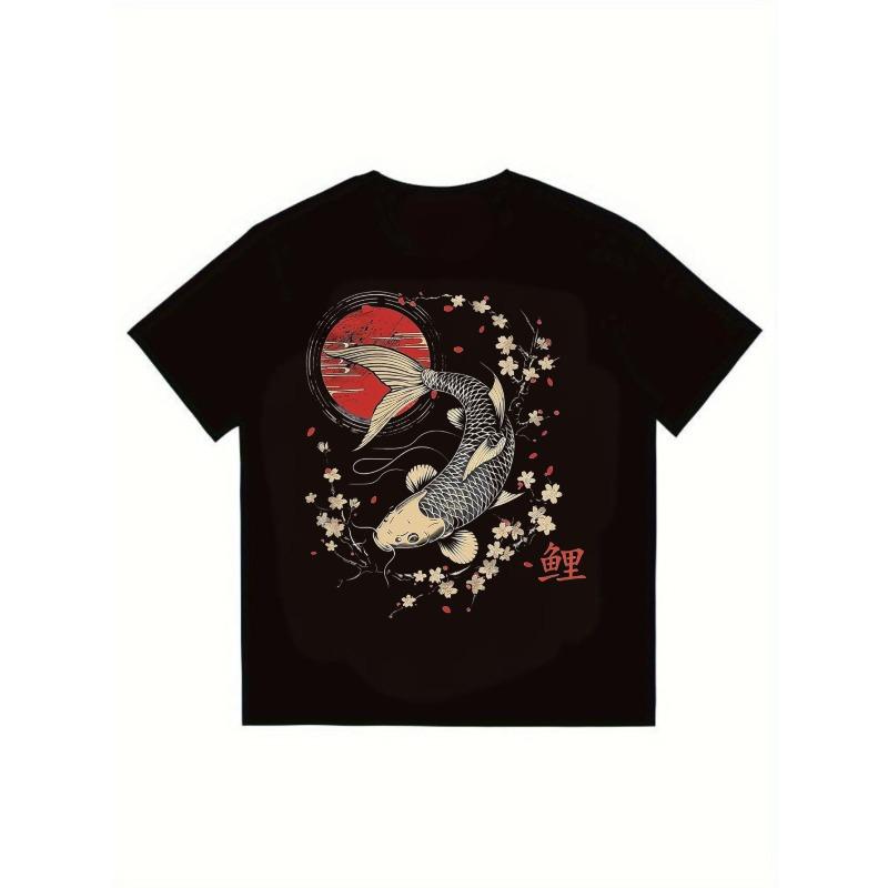 

Мужская черная футболка с дизайном карпа кои и цветущей сакуры, с красным кругом и японским иероглифом, в повседневном уличном стиле. XXXXL