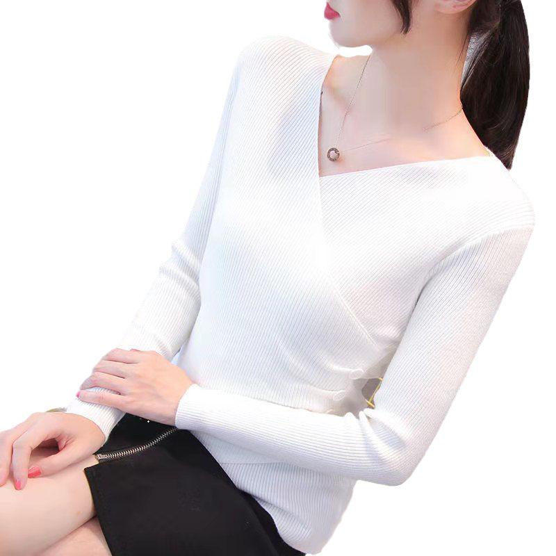Korean Slim-Fit V-Neck Knit Sweater for Spring & Autumn - Women's Long-Sleeve Top
