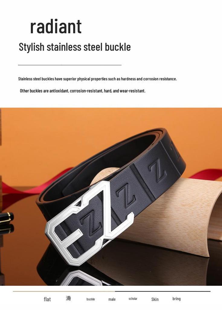 Men's Stainless Steel Z Letter Belt, Genuine Leather, Smooth Buckle, Top Layer Cowhide, Trouser Belt