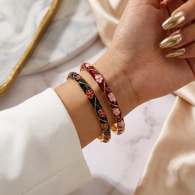 Romantic Enamel Flower Bracelet Vintage Traditional Red Floral Hand Cuff Bangle Dripping Oil Ethnic Chinese Cloisonne Bracelet