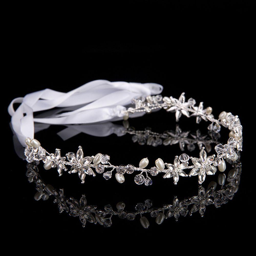 

Crown Hair Ornaments Bridal Tiara Headdress Crystal Pearl Bride Hairband Head Piece with Ribbon срібний