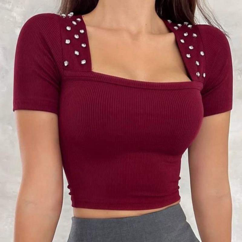 Womens Black Ribbed Square Neck T Shirt With Rhinestone Detail Short Sleeve Slim Fit Casual Top