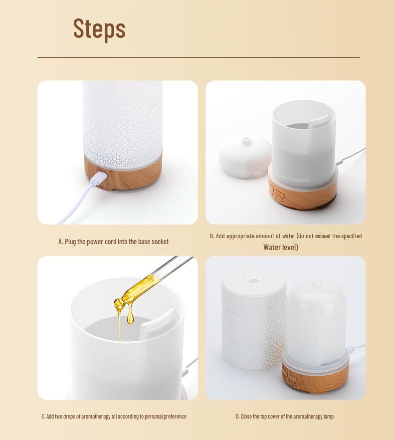 Crackle USB Desktop Humidifier with Seven-Color Ambient Light and Large Mist Output for Silent Home and Bedroom Aroma Diffusion.