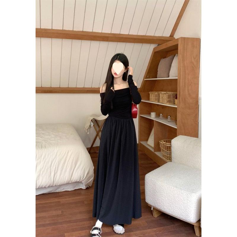 Temperament one-word collar long-sleeved dress for women's autumn new off-the-shoulder waist and thin A-word long dress