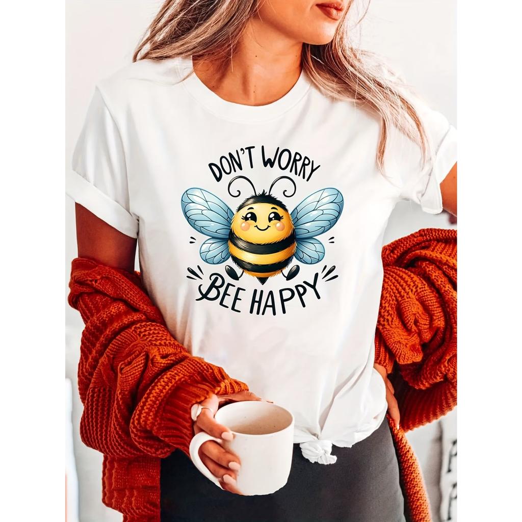 Women's Funny "Don't Worry Bee Happy" Bee Graphic T-Shirt - Cute Cartoon Bee Print with Smiling Face & Bumblebee Design