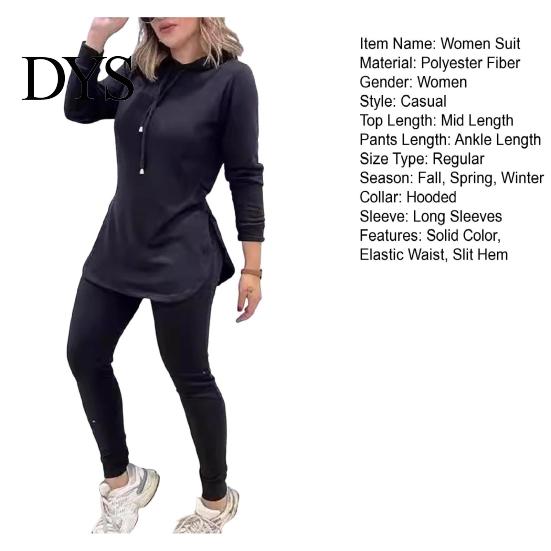 Autumn Casual Clothes 2 Pcs/Set Women Top Pants Set Hooded Long Sleeves Solid Color Slit Daily Sport Outfit Hem Sweatshirt Elastic Waist Slim