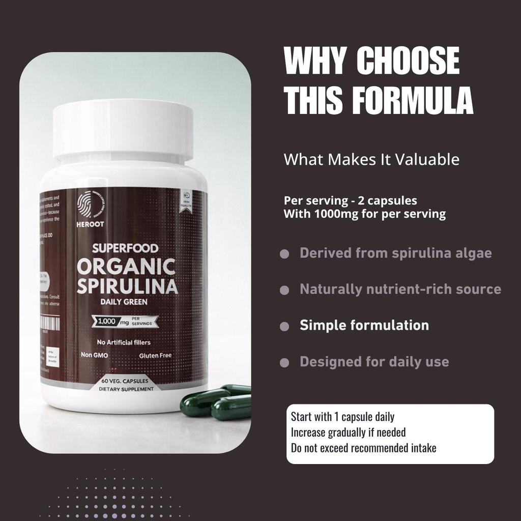 Heroot Spirulina 1000mg Veg Capsules | 100% Pure Algae Powder | 60 Capsules