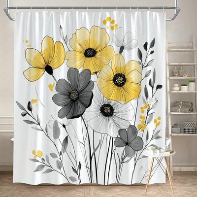 Bright Yellow and Gray Floral Patterned Shower Curtain, Polyester Fabric Machine Washable with Hooks Suitable for Bathroom Décor
