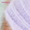 SOMALER Winter Cuff Beanie Angola Rabbit Fur Hats for Women Candy-colored Ski Cap