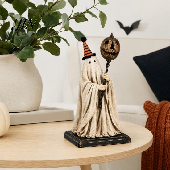 Shabby Stoff Geist Dekoration Vintage Figur mit leuchtendem Kürbis Zepter, Halloween Ornament Retro LED Licht, Harz beleuchtet für Innen Außen