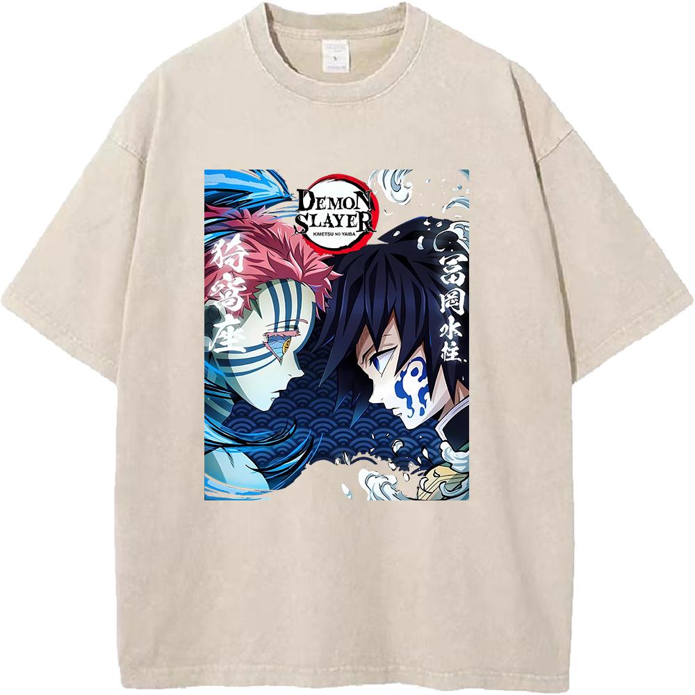 Anime Demon Slayer Tomioka Giyuu Akaza Graphic Tee Men Women Retro Washed T-shirts Cotton Manga T Shirt Harajuku Casual Tshirt