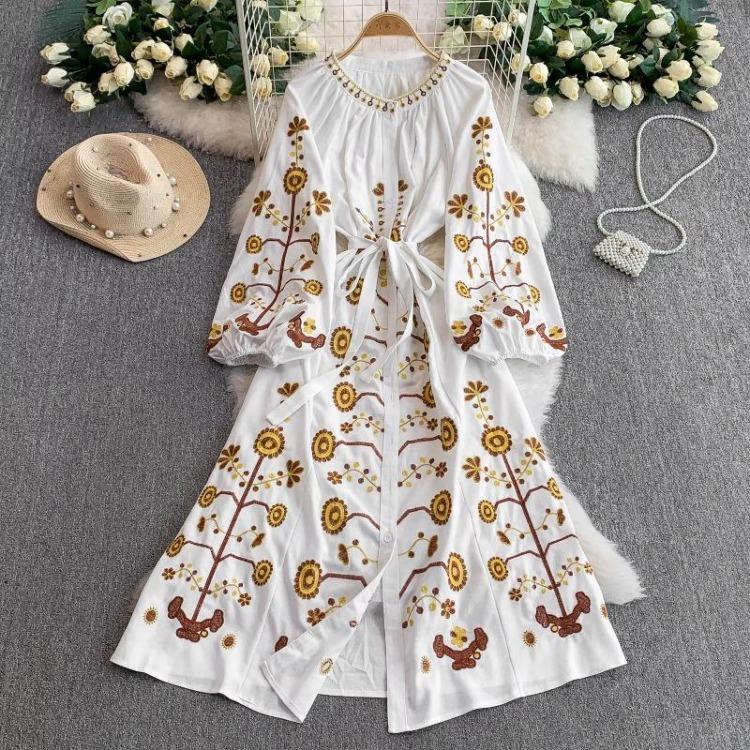 Vintage Embroidered Bandage Dress for Women Bohemian Lantern Sleeve Long Dress with Buttons Spring Autumn Vestidos Mujer