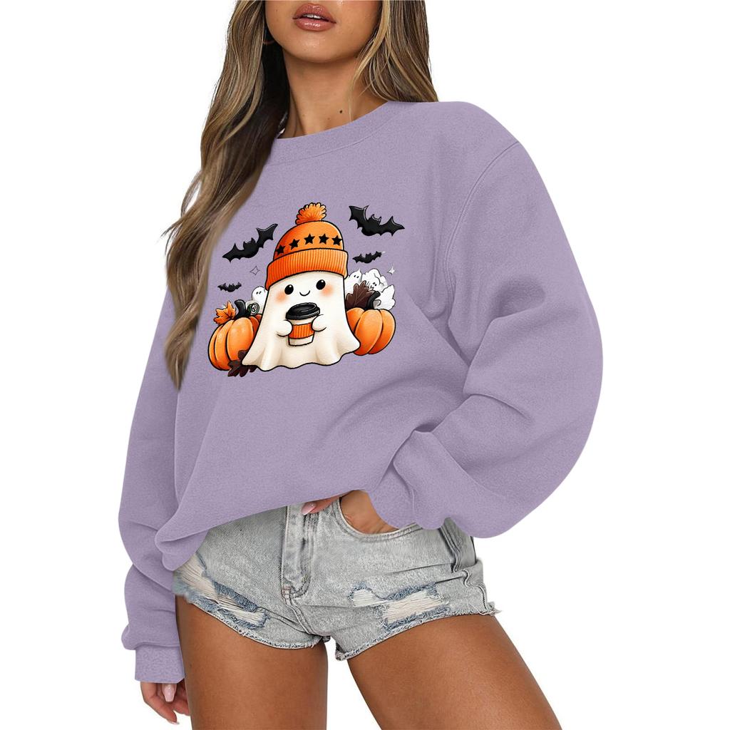 Women's Casual Fashion Round Neck Long Sleeve Halloween Printed Sweatshirt