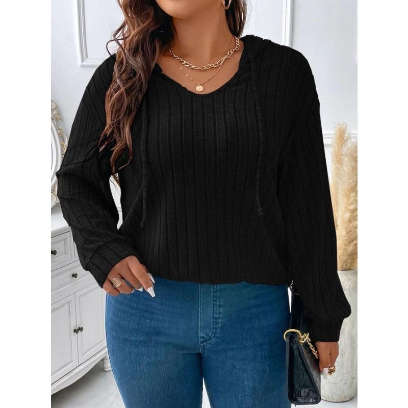 Høstbluse for kvinner Ensfarget Plus Size V-hals Hette Pit-stripe Milled Løse Langermede topper