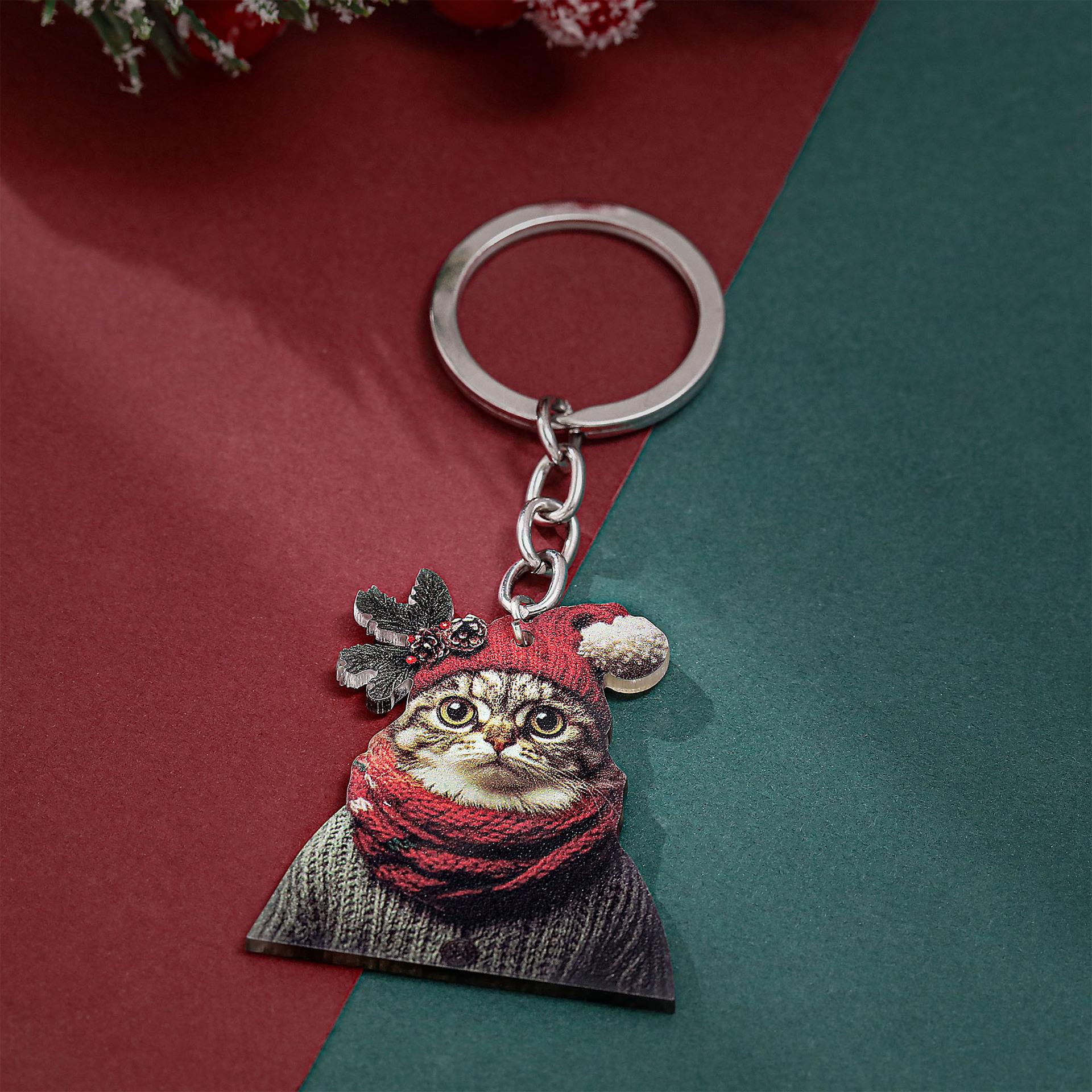 Semi-Managed Eco-Friendly Acrylic Keychain, Christmas Cat Otter-Shaped Keychain.