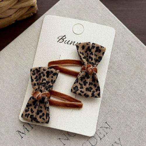 Autumn Retro Sweet Pink Coffee Leopard Pattern Bow Rabbit Hairpin Hair Ring Temperament Baby Tie Ball Head Flower Girl