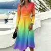 Women's Gradient Print Long Sleeve V-Neck Dress with Pockets Casual Fashionable