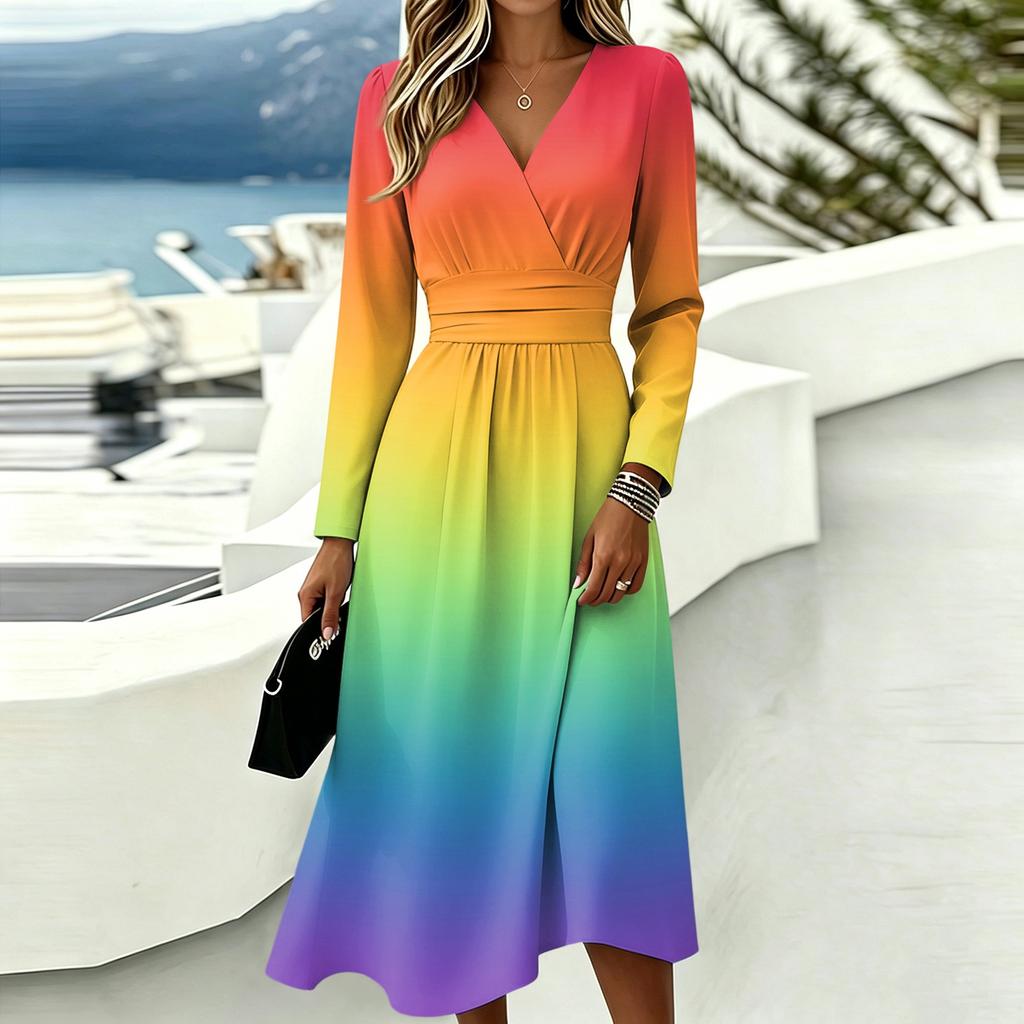 Women's Gradient Print Long Sleeve V-Neck Dress with Pockets Casual Fashionable