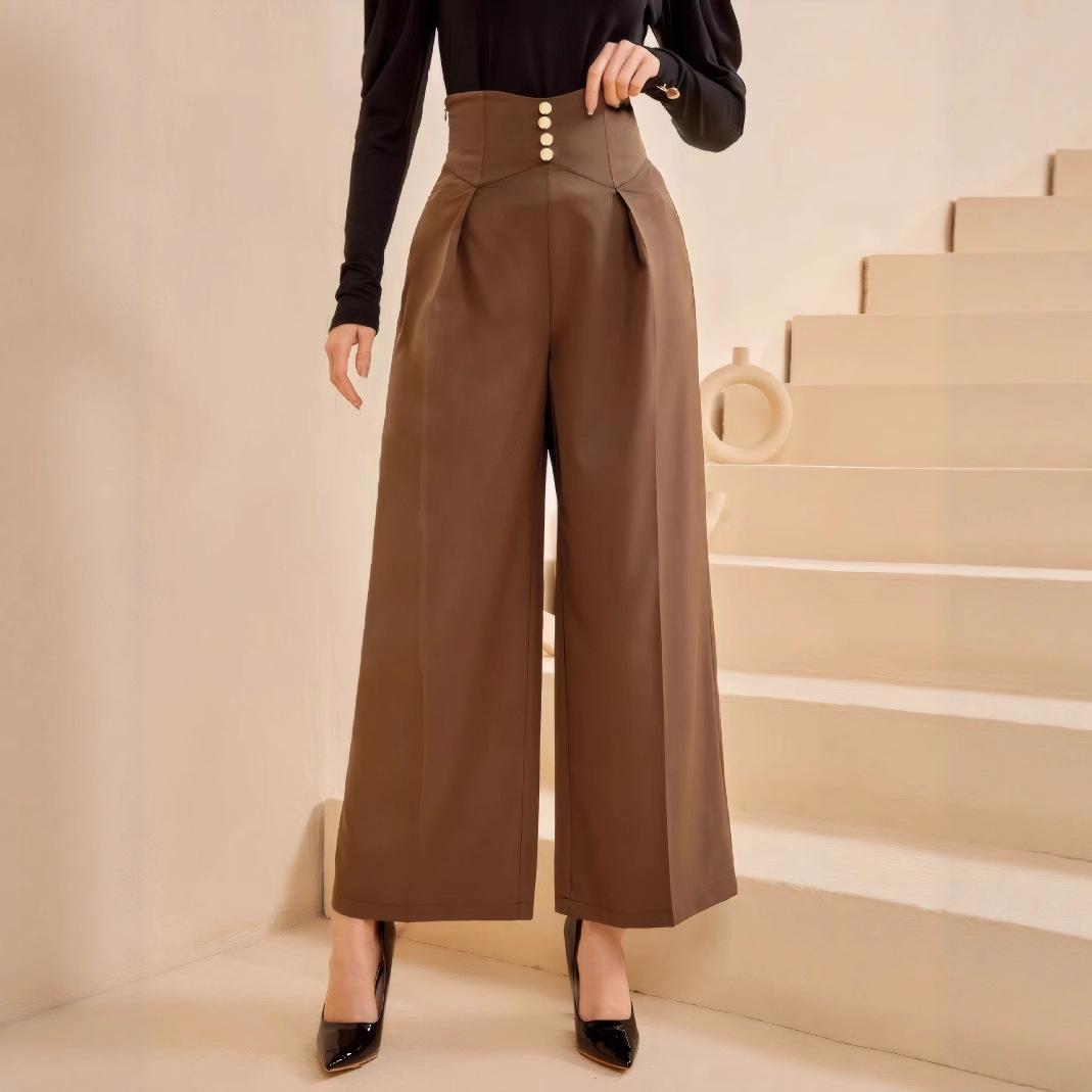 

Брюки в корейском стиле с высокой талией, узкие, свободные и стройнящие, с широкими штанинами, повседневные, с прямыми штанинами и драпировкой, высококлассные женские летние тонкие брюки XL кофейный