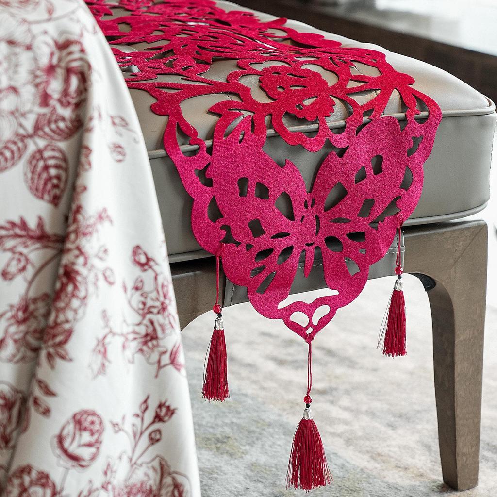Chinese Wedding Table Runner with Tassels - Dragon & Phoenix Design