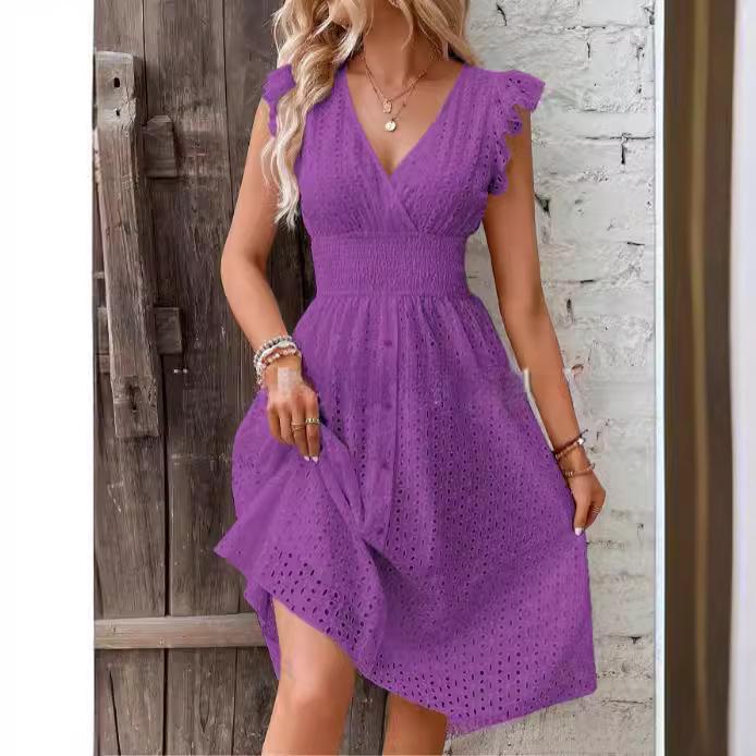 Elegant Plus Size V-Neck Hollow-Out Dress with Lotus Leaf Sleeves