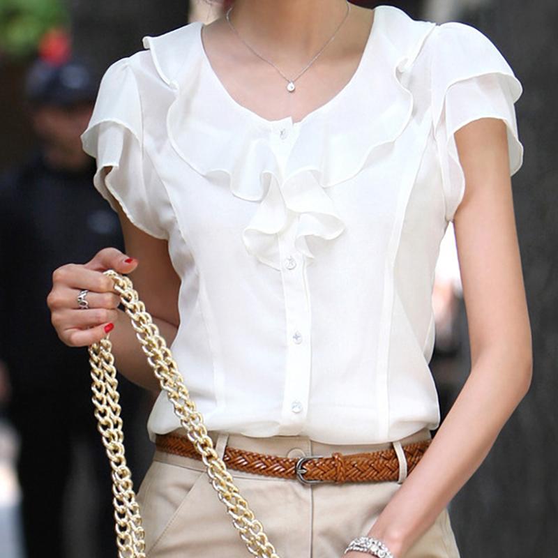 Short Sleeve Blouse Shirt Fashion Ruffles Ladies White Black Office Women