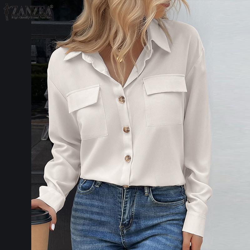 

ZANZEA Весенние женские однотонные свободные рубашки