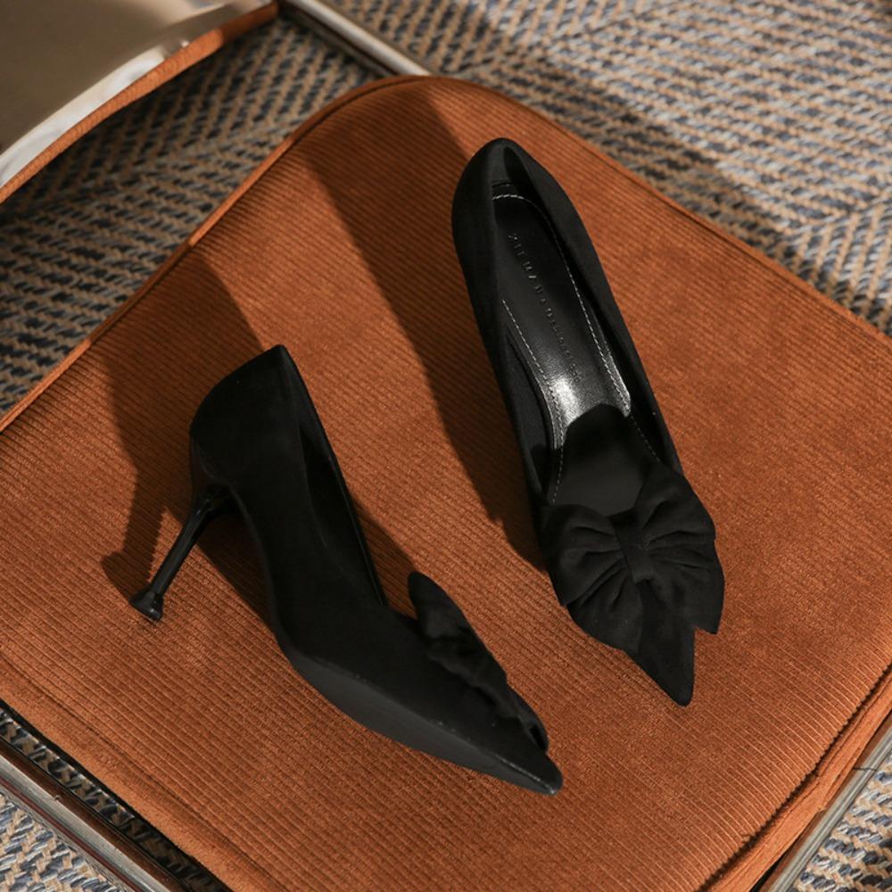 Pointed Head Shallow Mouth High Heels Classic Women's Shoes Head Flower Black Velvet Versatile High Heels Red Single Shoes