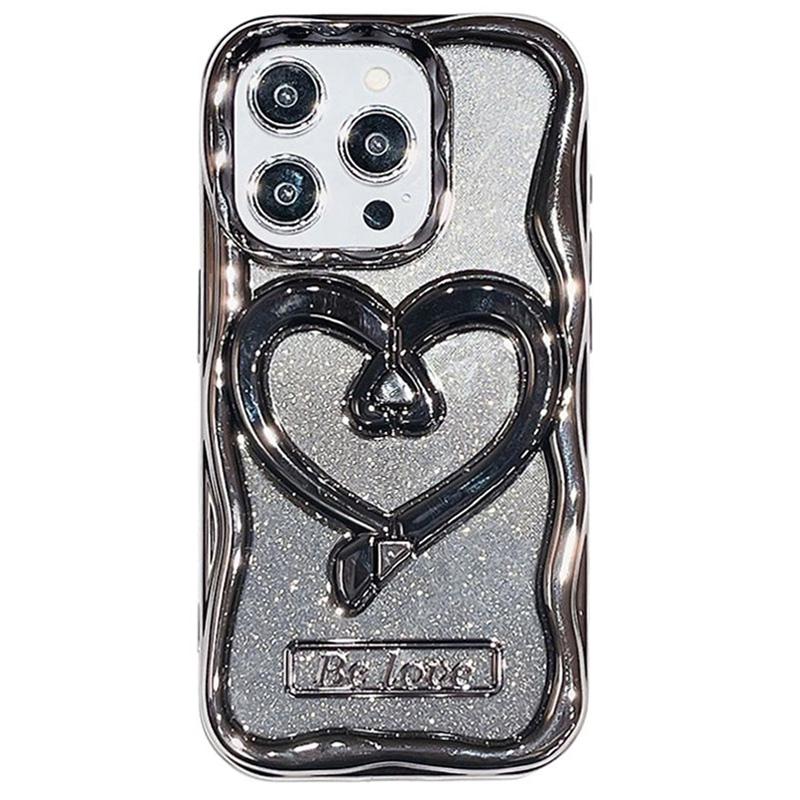 

For iPhone 15 Pro Max Case Heart Shape Kickstand Anti-Drop TPU Clear Cover with Glitter Paper Black