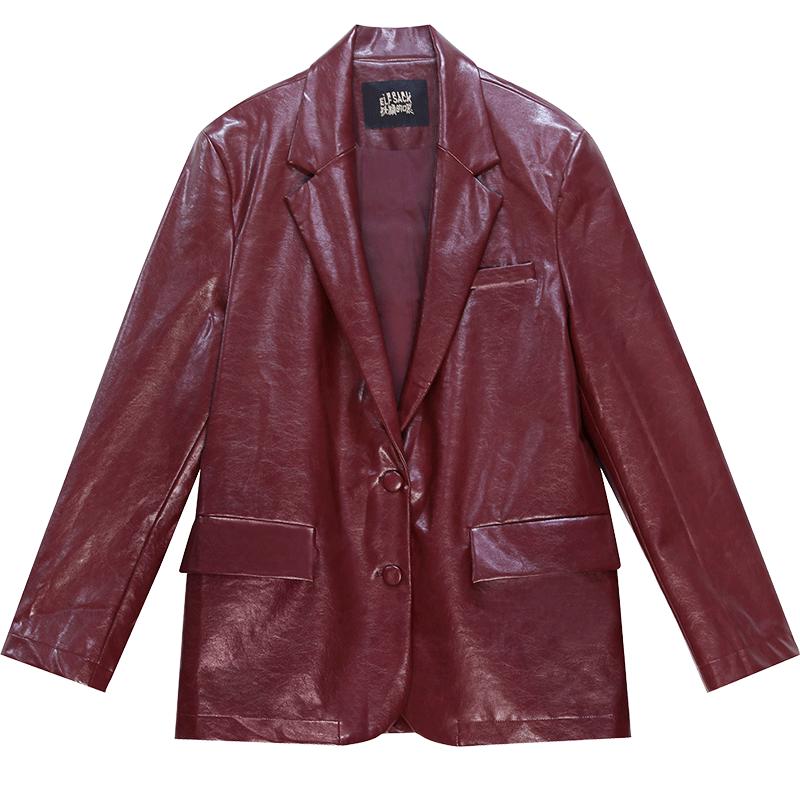 

Осеннее поступление темно-красный костюм из искусственной кожи PU для женщин, высококачественная повседневная куртка в стиле ретро XS красный