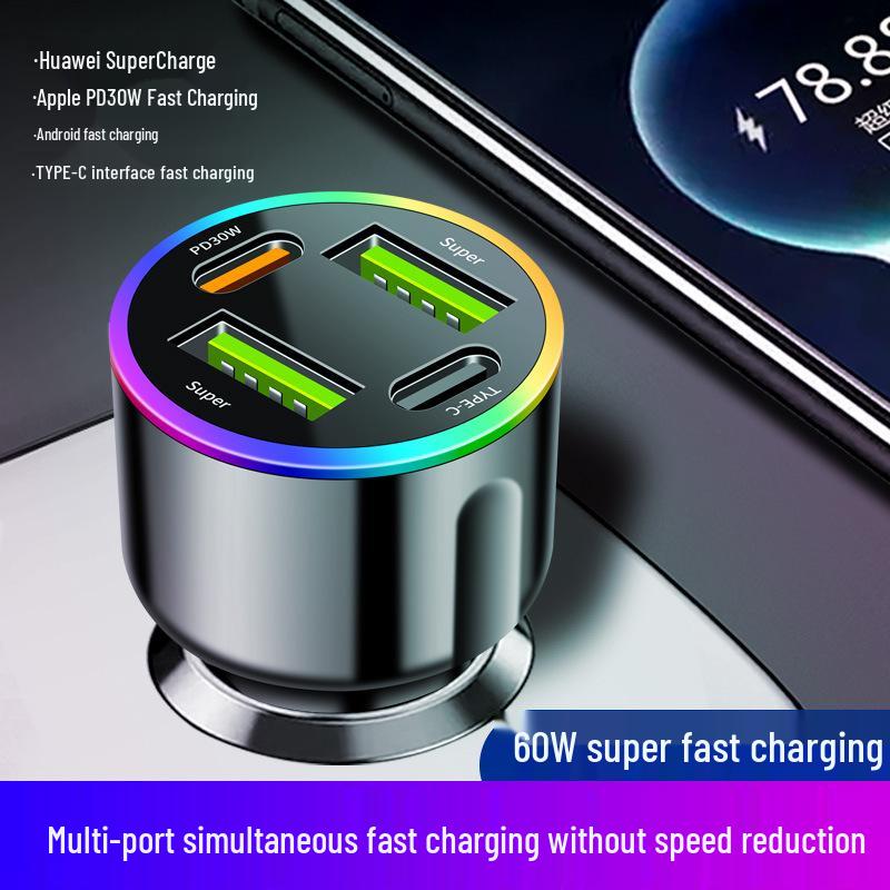 60W Super rychlá 7barevná atmosférická nabíječka do auta s PD30W