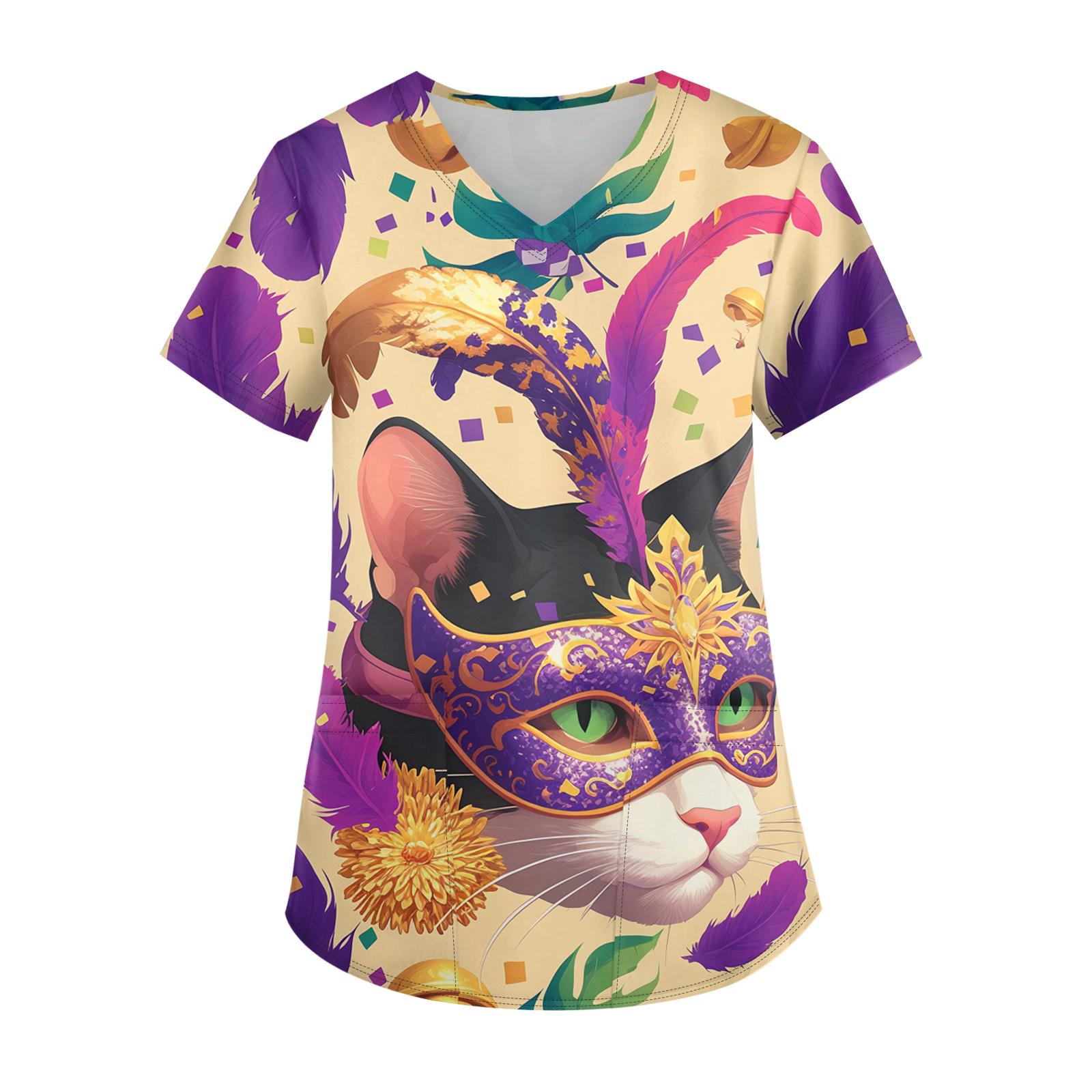 

Ladies Carnival Printed Fashion V-neck Pocket Short Sleeved Nurse s Wear And Worker s Top M