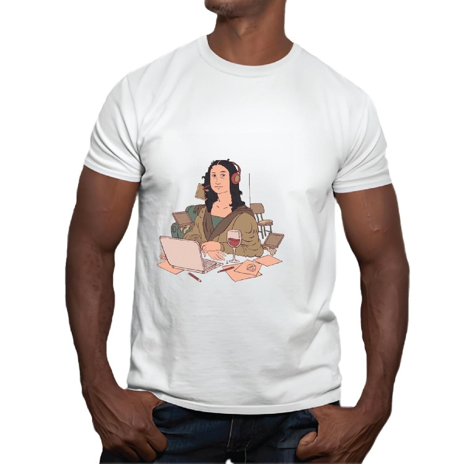 Mona Lisa Working from Home Funny Gift Idea Men Women White Multicolor T shirt S