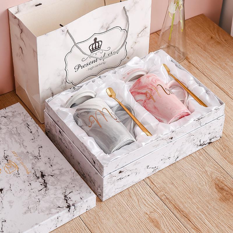 Marble Mug Ceramic Cup Gift Box Coffee Cup Couple Creative Water Cup with Lid Spoon