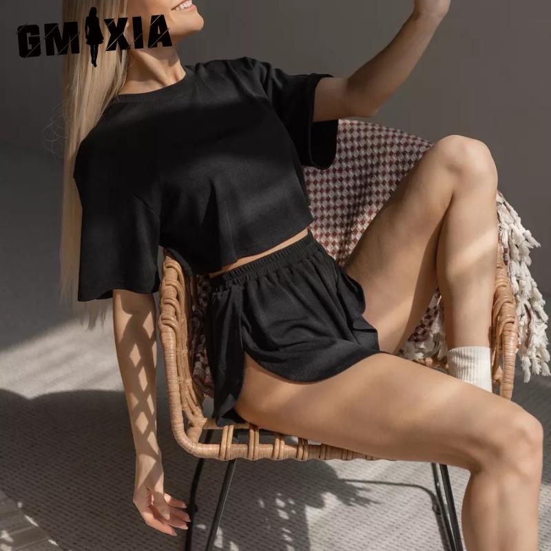 GMXIA Homewear Pit Stripe O-neck Casual Pajamas Women's Wearable Short-sleeved Shorts Two-piece Set